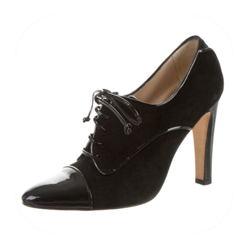 Manolo Blahnik Suede/Patent Cap-Toe Oxford Booties
